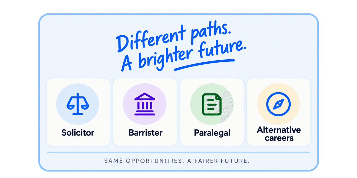 Different paths. A brighter future. Solicitor, Barrister, Paralegal, Alternative careers. Same opportunities. A fairer future.